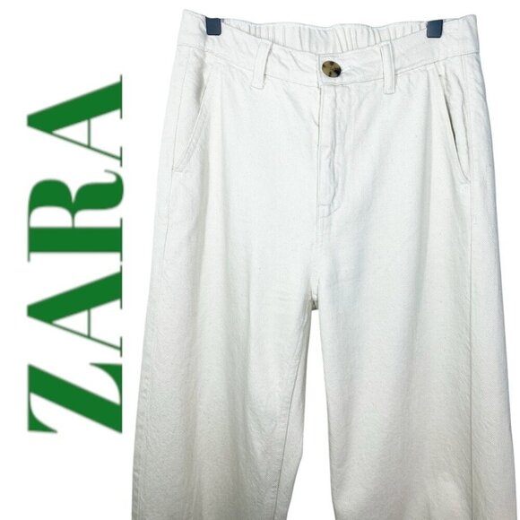 ZARA Ivory Cream 100% Cotton Wide Leg High Rise Drawstring Cuff Jeans, Size Smal - Picture 12 of 12